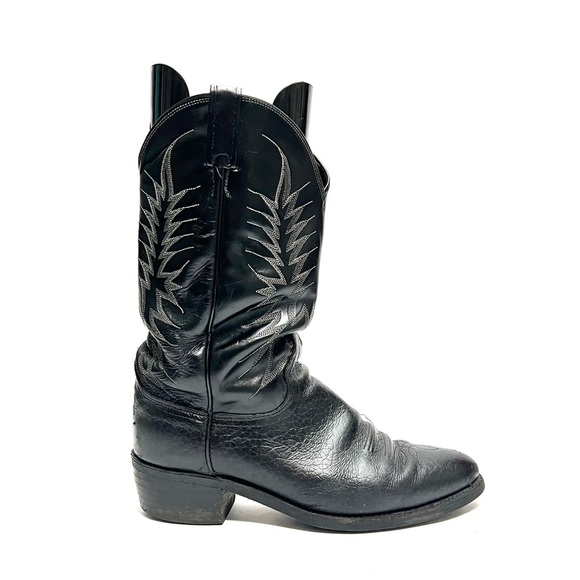 Vintage 1990s men's black leather mid calf western style cowboy boots